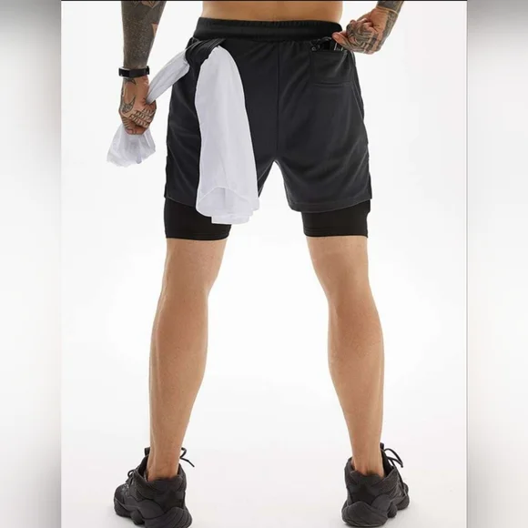 Shein Running Men Drawstring Waist 2 In 1 Sports Shorts With Phone Pocket L - Picture 2 of 4